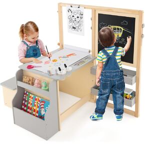 Costzon Easel for Kids, Wooden Art Center with Double-Sided Blackboard & Whiteboard, Paper Roll for Drawing, Crafts, Writing, Toddler Activity Table with Storage, Kids Table and Chair Set (Grey)