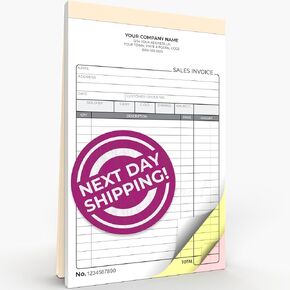 Custom Carbonless NCR Sales Invoice Form Books 5.5 x 8.5 Inches - NCR 2-Part Staple Bound Pads with Manila Cover Personalized with Company Name and Number Printed (100 Sets)
