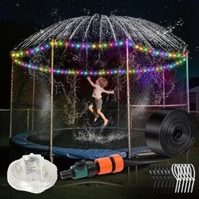 Trampoline Sprinkler with Lights - Trampoline Lights & Water Sprinkler, 16 Colors, Remote Control, Waterproof Trampoline Accessories, Non-Damaging Design, Fits 8-12FT