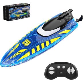 Remote Control Boat for Kids, RC Boats with Led Lights 2.4G RC Electric Speed 2 Rechargeable Batteries Whole Body Waterproof for Pools Lakes River & Bathtub Blue