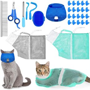 10 Pcs Cat Bathing Bag Set Pet Mesh Shower Bag Anti Bite and Scratch Pet Grooming for Washing Brush, Cat Muzzle, Nail Clipper, Nail File, Tick Tool(Gray and Black)