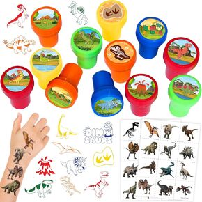 36PCS Dinosaur Party Favors - 24PCS Pre-Cut Temporary Tattoos & 12PCS Stamps - Ideal Dino Fossil Themed Birthday Card Decorations Supplies Goodie Bag Baby Shower Kids Gifts Classroom Rewards Prizes