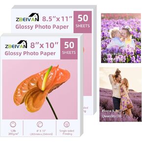 ZBEIVAN Photo Paper 5x7, 8x10 inch, Glossy Photo Papers 100 Sheets, 200 GSM Paper for Printer (50 Sheets of each size 5x7, 8x10)