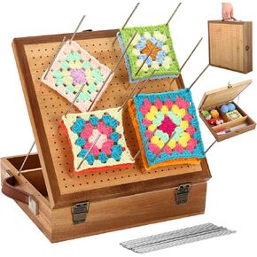 11.6" Crochet Blocking Board with Storage Drawer & Pegs, Acacia & Bamboo Blocking Boards for Crochet Projects, Granny Square Blocking Board, Crocheting Accessories Gifts for Grandmothers, Crocheters