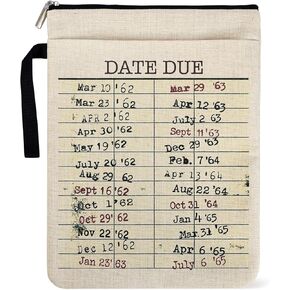 Library Date Due Book Sleeve Book Bag Gifts for Book Lover, Paperback Sleeve for Librarian Lovers Bookish Group Club Gifts for Women, Book Cover with Zipper and Front Pocket 9 x 12 Inch