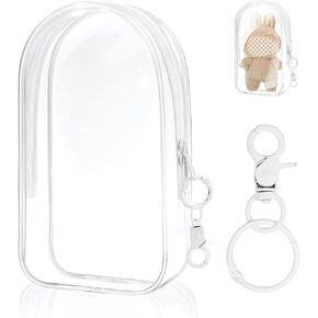 Clear Figure Display Bag with Keychain for Doll, Positive Doll Storage Bag, Pouch Keychain Charms for Collectibles (with Zipper- Waterproof) Building Block Storage Bag,7.4 * 4.2 inch