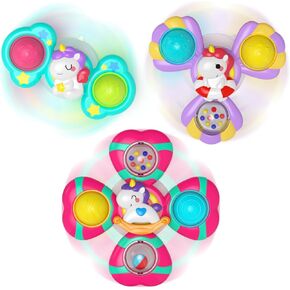 3PCS Pop up Suction Cup Spinner Toys for 1 Year Old Girl Boy, Toddler Toys Ages 1-3, Spinning Tops Sensory Baby Bath Toy with Rattle Sound,12 18 Months Girl Birthday Gift