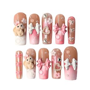 COQUETTE BUNNY - Handmade Press on nails, Long Short Press Nails Tips Full Cover 10Pcs COQUETTE BUNNY Press on Nails Fake Nails 3D Easy Wear
