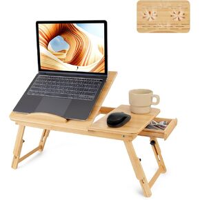 Bamboo Laptop Desk, Adjustable Foldable Bed Tray Table for Bed, Sofa, and Floor, Portable Lap Desk with Tilting Top & Drawer for Writing, Reading, Breakfast, Drawing, and Working