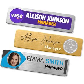 Personalized Name Tag Badges Identification Customized with Text & Logos, Acrylic Name ID for Clothing with Pin or Magnetic Backing, Gold & Silver Plates for Business or Employees