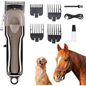 Horse Clippers, Rechargeable Cordless Horse Body Clippers, With 4 Detachable Stainless Steel Blade, Animal Clippers with LED Display Suitable for Horse, Cat, Dog with Thick Coat