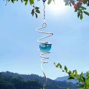 Gazing Ball Spiral Tail Wind Spinner Stabilizer, Garden Decorations Stainless Steel Metal with Hook & Wathet Crystal Glass Orb Outdoor Hanging Decor Kinetic Yard 3D Swivel Art Sun Catchers