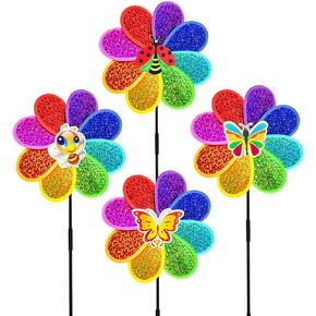 Outdoor Wind Spinners Yard Garden Decor Shiny Pinwheels, Lawn Rainbow Ornaments to Deter Animals Scare Birds Away (4PCS)