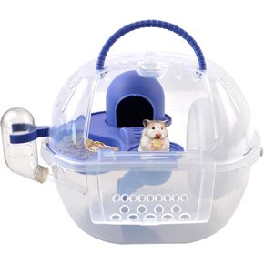 Dwarf Hamster Carrier Cage,Hamster Carrier Portable Hamster Travel Carry Case Breathable 2 Tiers with Silent Exercise Wheels,Water Bottle,Food Dish(Blue)