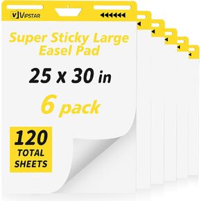 (6 Pads) Sticky Easel Pad 25 in x 30 in Post, Large Self Stick Flip Chart Premium Paper for Teachers, Mount to Most Surfaces and Bleedproof, Super Sticking Power