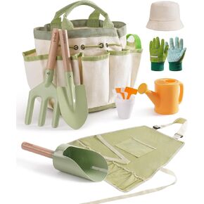 ROBUD Kid Gardening Set, Wooden Garden Tool for Kid, Garden Tool Kit with Tool Storage Bag, Apron, Gloves, Montessori Toys for Kids to be Closed to Nature, WRP25