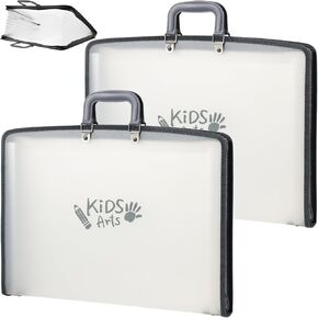 2 Pack 11x17 Art Portfolios, 13 Pockets Kids Portfolio Folder for Artwork Accordian File Organizer with Handle and Zipper Art Painting Document Organizer, Oxford Cloth Edge Frosted Translucent