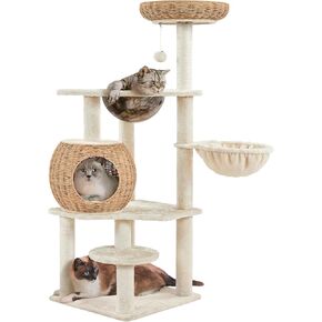 Yaheetech 54in Rattan Cat Tree, Modern Tower with Breathable Woven Condo, Scratching Posts & Washable Cushions, Naturally Cool in Summer, Cute Furniture for Indoor Cats