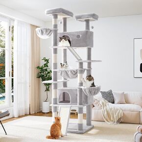 Allewie 81 Inches Tall Cat Tree/Multi-Level Large Climbing Tree House and Towers for Big Feline/Condo and Hammock/Scratching Post/Wide Base/Grey