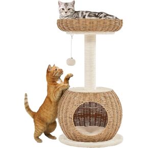 Yaheetech Cat Tree, 29.5in Rattan Cat Tower for Indoor Cats w/Scratching Post, Woven Cat Condo and Soft Cushion Top Perch, Aesthetic Cat Tree for Kittens
