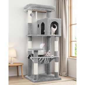 Cat Tree Tower with Scratching Post for Indoor Cats, 53inch Tall Plush Multi-Level Cat Climbing Tower Condo House with Large Hammock, Spacious Cat Cave, Padded Top Perch Bed, F53, Light Gray