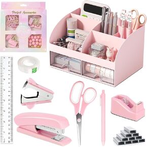 ملحقات مكتب الوردي مع حامل القلم ، ومكتب Pink Supplies منظمي المكتب والإكسسوارات للنساء ، وموزع الشريط ، ومصيب الدباسة ، ومزيل العناصر الأساسية ، ومجموعة المقاطع ، والمقص ، والقلم ، والشريط