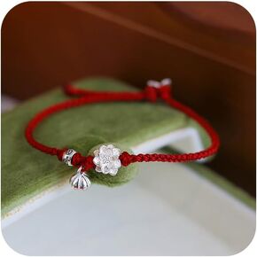Sdouefos Lotus Flower Bracelet 925 Sterling Silver for Women, Handmade Braided Rope Red String Adjustable Lady Jewelry Red Protection Bracelet for Women Buddhist Spiritual Lucky Amulet Gift