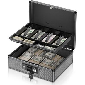 Locking Cash Box with Money Tray and Key, Secure Money Safe Box for Cash, Portable Money Box with 2 Storage Spaces, Money Saving Organizer(Black, Extra Large)
