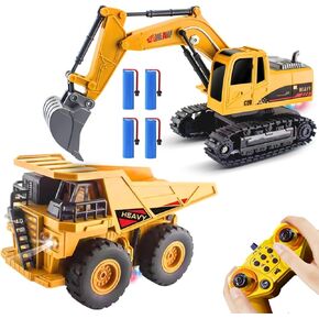 RC Excavator and Dump Truck Toy Set for Kids, 2.4Ghz 11 Channel Dual Control Remote Control Construction Vehicle with Light, Sound, Music & Auto Demo, Christmas Birthday Gifts for Boys Girls Ages 3-8