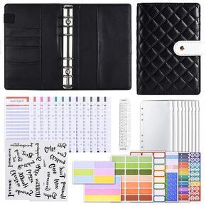 Budget Binder - A6 Notebook Binder, Loose Leaf Personal Organizer, PU Leather Money Saving Book with Zipper Envelopes, 12 Expense Sheets, 2 Letter Label Sticker for Budgeting, White