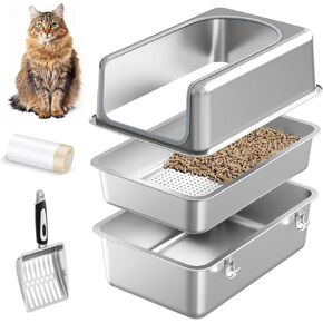 23.6''×15.7''×12'' XL All Stainless Steel Sifting Litter Box for Pine Pellets,Sifting Cat Litter Box with Lid for Big Cats,Metal High Side Sifter Litter Pan System for Odor Control,with Scoop Liners