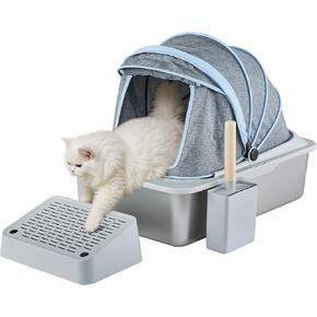 Stainless Steel Cat Litter Box with Waterproof Canopy, Easy-to-Clean Extra Large Top Entry Litter Box for Cats, Convertible Design, Litter Scoop & Foot Pedal