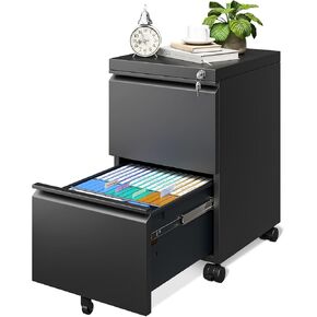 AODK File Cabinet for Home Office, Fully Assembled Filing Cabinet 2 Drawer Rolling File Cabinets with Lock, Small Mobile File Storage Cabinets for A4/Legal/Letter File, Black