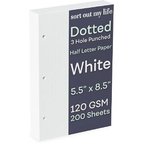 Half Letter 3-Hole Punched Dot Grid Paper, 200 Sheets, 120 GSM, 5.5 x 8.5 inch, Dotted Paper Planner Refill Inserts for Mini-Binders and 3-Ring Half Letter Binders