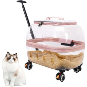 حامل الحيوانات الأليفة المحمولة مع عجلات ، علبة سفر CLEAR CAT ، المقبض القابل للسحب ، التصميم القابل للتنفس ، 360 درجة من العجلات ، علبة للقطط والكلاب الصغيرة ، مثالية للسفر ، المشي لمسافات طويلة والرحلات ، 19x14x18 بوصة (6)