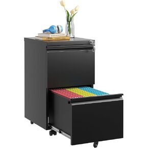 2 Drawer File Cabinet with Lock,Small Rolling Metal Office Storage Mobile Filing Cabinet Under Desk,Vertical Locking File Cabinets with Wheels for Home Office,Legal Required Assembly,White