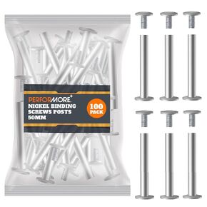 100 Pack of Chicago Screw Post Binding Screws, 50mm Nickel Plated Metal Screw Posts for Scrapbooking, Photo Albums, Binding Leather Repair