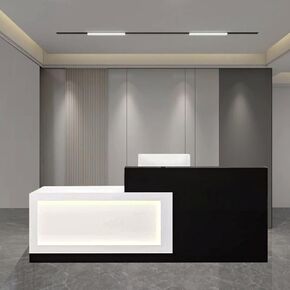 Modern Reception Desk with Counter,Black Reception Desk with LED Lights Retail Checkout Counter with Lockable Drawer for Reception Room/Salon/Office(Black+White-Left,63inch/160cm)