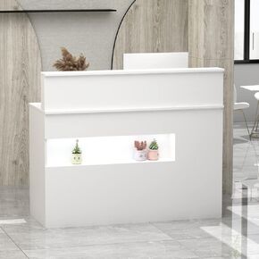 ECACAD Reception Desk with Light, Display Shelf & Lockable Drawers, Office Desk Reception Counter Table with Keyboard Tray and Door, White (47.2"W x 19.7"D x 39.2"H)