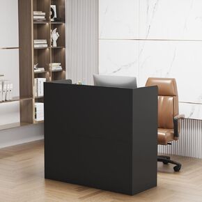 MOUMON Reception Desk Counter for Checkout & Retail, Front Desk Reception with Large Storage, Silver Tapes, for Office Boutique Spa - Black (47.3'W x 18.3'D x 43.3'H)