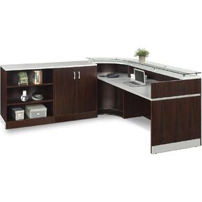 NBF Esquire Curved Modern Reception Desk with Storage - Retail Checkout Counter with Driftwood Laminate Desktop - Front Desk Reception Counter - Welcome Desk for Office Lobby Salon (Gray)