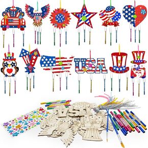 12 Pack Patriotic Activities,Paint 4th of July Party Favors Craft Wind Chime Kit Wooden Paint Arts DIY Coloring Craft for Independence Memorial Day Party Art Activity Supplies