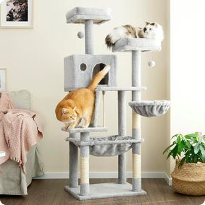 Ouritsu Cat Tree, 61 inch Tall Cat Tower for Large Cat Indoor, Enlarged Condo, 2 Padded Perches with 1 Widened, Large Hammock, Scratching Post and ramp, Fluffy Basket, Light Gray, LF002GA