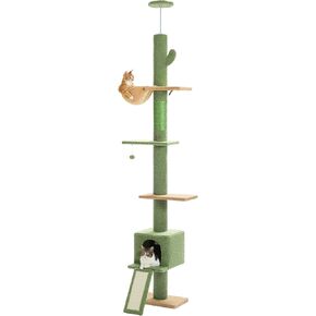 PEQULTI Tall Cat Tree, Floor to Ceiling Cat Tree Tower Adjustable [90.5''-100.4''=230-252CM] with Cat Condo, Cat Hammock and Scratching Post, Climbing Tree for Indoor Large Cats, Green