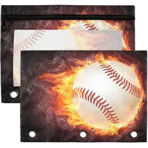 Baseball Ball Fire Flames Pencil Pouch for 3 Ring Binder Pockets Clear Window Pencil Bag with Smooth Zipper Sport Pencil Case for Organization Office Supplies Cosmetics 2 Pack
