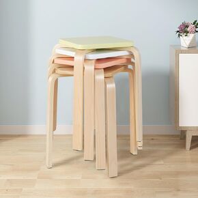 LDAILY Moccha Portable Wooden Stack Stools Set of 4, 18" Height Backless Square Stools with Anti-Slip Foot Pad, Stackable Morden Counter Chairs for Dining Room Kitchen Classroom, Assorted Color
