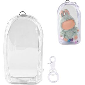 Protective Case for Dolls, 7.68x4.13in Waterproof Clear Figure Display Case Accessories Plastic PVC Material Plush Protective Bag Cover with Pompoms Keychain Pouch Display Storage Box for Doll