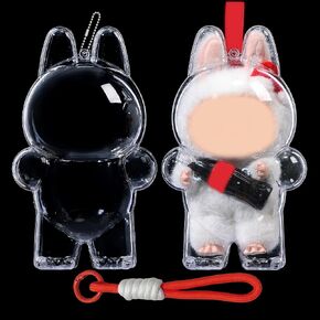 Protective Case for LABUBU Surprise Shake Doll,Clear Plastic Display Protective Cover PVC Bag Hanging Model Box with Keychain, Standing Soda Bottle