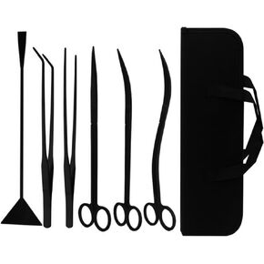7-in-1 Aquascaping Tools Kit for Aquarium & Terrarium - Stainless Steel Long Tweezers, Curved Scissors, Algae Scraper, Feeding Tongs - Live Plant Trimming & Tank Cleaning Accessories