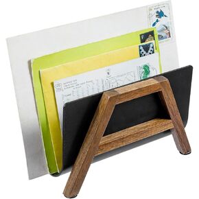 MyGift Modern Desktop Mail Holder, Urban Solid Acacia Wood and Matte Black Metal Tabletop Letter Sorter